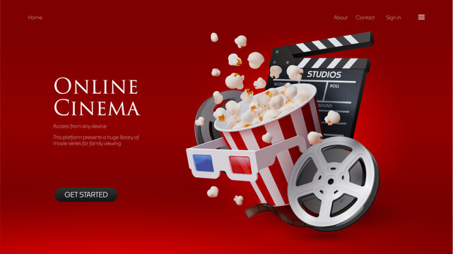 3D online cinema portal or landing page with vector realistic popcorn bucket, film reel, movie glasses and clapper board. Cinema web page with menu buttons for movie theater online tickets website