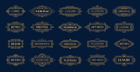 Art deco golden frames and borders, vintage labels with modern geometric ornament, line vector. At deco frames with gold elegant luxury or antique decoration and retro ornate Victorian pattern