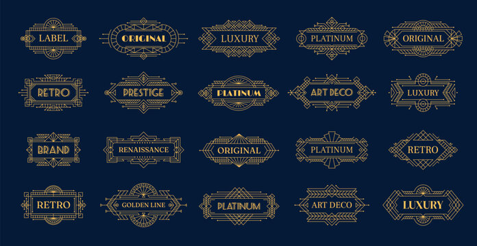 Art deco golden frames and borders, vintage labels with modern geometric ornament, line vector. At deco frames with gold elegant luxury or antique decoration and retro ornate Victorian pattern
