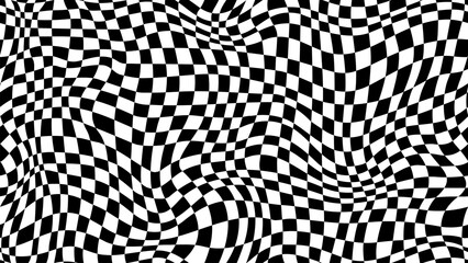 Trippy checkerboard background, wavy checker pattern, optical illusion. Vector seamless black and white swirl. Abstract distorted psychedelic texture, geometric ornament, monochrome chessboard print - obrazy, fototapety, plakaty