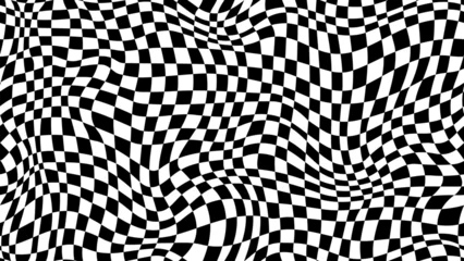 Tafelkleed Trippy checkerboard background, wavy checker pattern, optical illusion. Vector seamless black and white swirl. Abstract distorted psychedelic texture, geometric ornament, monochrome chessboard print © Buch&Bee