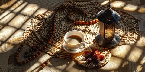Fototapeta na wymiar Traditional lantern, fruit dates, rosary beads and cup of Arabic coffee on small straw mat with arabesque shadow effect - generative ai