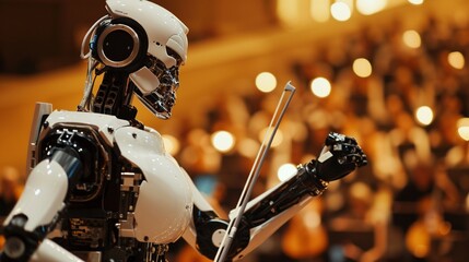 A robot conducting a symphony orchestra, blending art and technology.