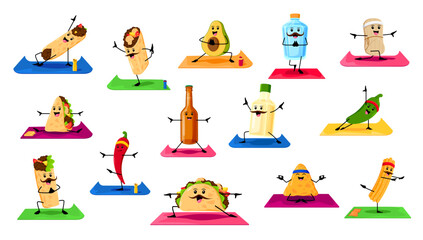 Cartoon tex mex mexican food and drinks characters on yoga fitness. Funny taco, burrito, nachos and quesadilla vector personages. Chili pepper, avocado, tequila, tamale and enchilada doing exercises