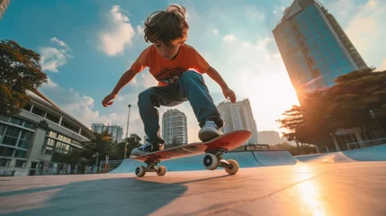 Fotobehang Skateboarder doing a skateboard trick at skate park © Ruslan Gilmanshin