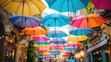 Pedestrian street with colorful multi-colored umbrellas as decoration and protection from the bright sun at noon - 740479115