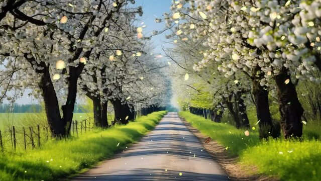 road with blooming trees in spring. beautiful nature scene.  seamless looping overlay 4k virtual video animation background 