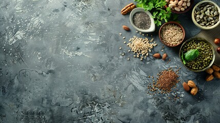 Vegan food with nuts, beans, greens and seeds. A gray background with copy space