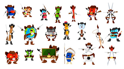 Cartoon school supply cowboy, ranger, sheriff and robber characters. Vector rucksack, paint palette, eraser and felt-tip pen. Textbook, scissors, pen and pencil with ruler. Globe, calculator and loupe