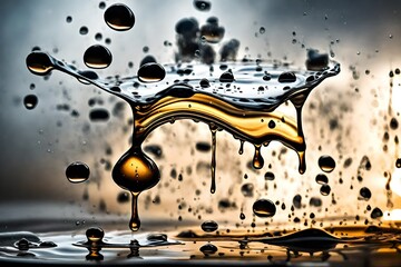 A close-up of oil droplets splashing into a container, frozen in mid-air, capturing the kinetic energy involved in the transportation of crude oil.