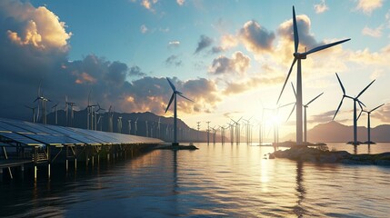 A renewable energy park with wind, solar, and tidal power harmoniously working together. - obrazy, fototapety, plakaty