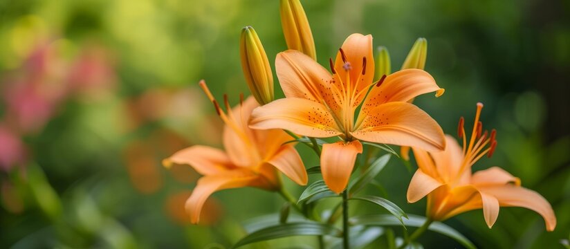 A close up of a cluster of peach-colored lilies in a garden, showcasing their beautiful petals and unique Lily order.
