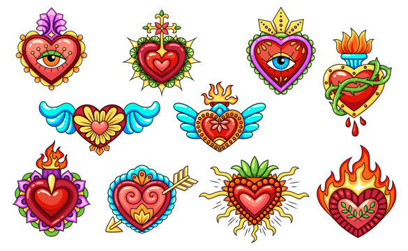 Mexican sacred heart tattoos with burning fire flame and wings, vector symbols. Sacred heart or Corazon Milagro with arrow or thorn and blood drop or Christian cross and eye for Mexican art tattoo