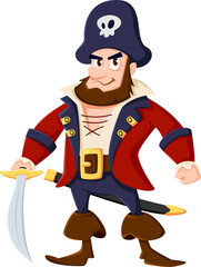 Cartoon sea pirate sailor and corsair captain character. Isolated vector swashbuckling personage with rugged beard, and cunning grin, holding saber, ready for high-seas adventures and treasure hunts
