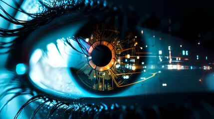 Human eye close-up, future digital eye data network and network security technology background
