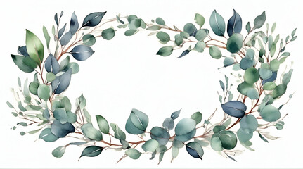 Watercolor modern decorative element set. Eucalyptus round Green leaf Wreath, greenery branches, garland, border, frame, elegant watercolor isolated  generative ai