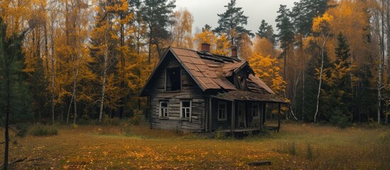 An autumnal historic wooden house with a roof in disrepair is situated in the midst of a dense forest.