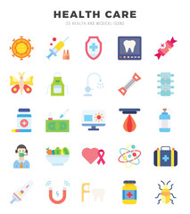 HEALTH CARE elements. Flat web icon set. Simple vector illustration.