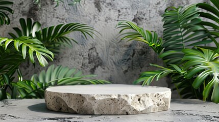 Cosmetics product advertising podium stand with tropical palm leaves background. Empty natural stone pedestal platform to display beauty product. Mockup