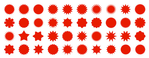 Red straburst sale price labels, stickers and seals. Isolated vector set of rosettes and sunbursts, callout or splash, stamps, tags and badges. Circular patches with jagged edges for promo advertising - obrazy, fototapety, plakaty