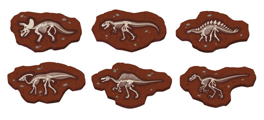 Cartoon dinosaur fossil bones. Ancient dino skeleton imprints in stone. Vector set of earth layers with full body bones. Archaeological and paleontological excavations. Studies of prehistoric animals © Buch&Bee