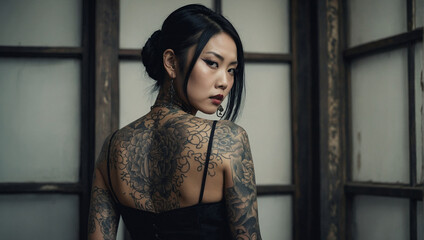 Fototapeta premium Asian woman in tattoo, gothic style, fit body, white background. generative AI