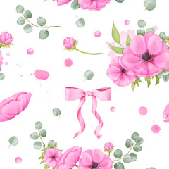 Seamless pattern featuring watercolor flower motifs. anemones, silk ribbons, eucalyptus leaves, and glittering rhinestones. for backdrop designs, wallpapers, textile patterns, DIY crafts