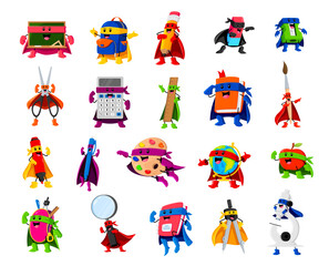 Cartoon school supply superhero and defender characters. Isolated vector blackboard, backpack, pencil and eraser. Sharpener, scissors, calculator and ruler with textbook. Paintbrush, loupe and compass © Buch&Bee