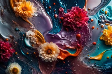 An aesthetically pleasing HD image portraying the graceful interplay of colorful liquids against a...