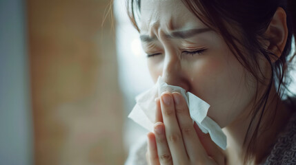 Woman have a cold blowing her nose, sick and healthcare concept - obrazy, fototapety, plakaty