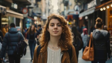 A young woman standing out in a crowded street