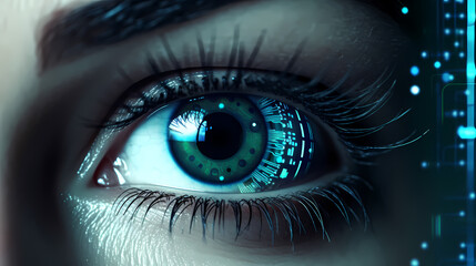 Fototapeta premium Close-up of human eye with advanced cybernetic enhancements, symbolizing future vision technology