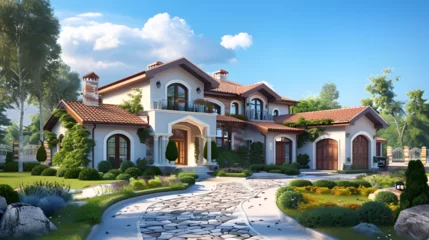Foto op Canvas 3D illustration. new house with garden. spring time , 3d rendering modern classic house with luxury design garden  © Classy designs