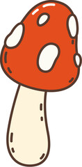 Cartoon retro groovy hippie mushroom. Isolated vector psychedelic, hallucinogenic amanita or fly agaric fungus with red cap, white spots and chunky stem, symbol of free-spirited nostalgic hippy era