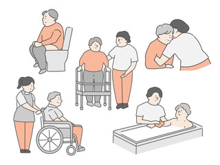 介護施設　介護現場　イラストセット（入浴　移乗　排泄）
