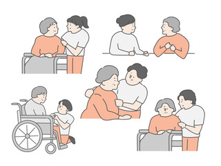 高齢女性に寄り添う介護士　介護イラストセット