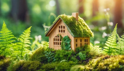 Fototapeta na wymiar Sustainable Sanctuary: Embracing Eco-Friendly Living with a Miniature Wooden House in Nature's Embrace
