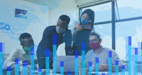 Image of financial data processing over diverse business people with face masks at meeting