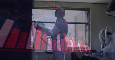 Image of financial data processing over diverse people wearing safety suits disinfecting office