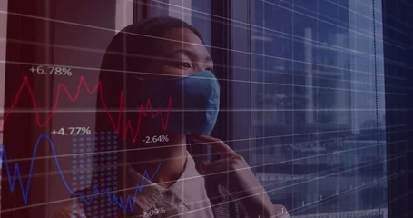 Poster Aziatische plekken Image of financial data processing over asian businesswoman with face mask in office