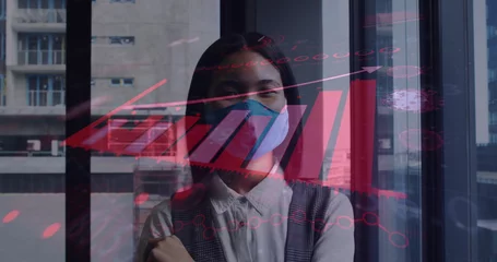 Fotobehang Aziatische plekken Image of financial data processing over asian businesswoman with face mask in office