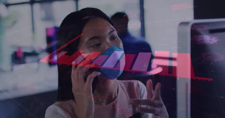 Foto op Plexiglas Aziatische plekken Image of financial data processing over asian businesswoman with face mask in office