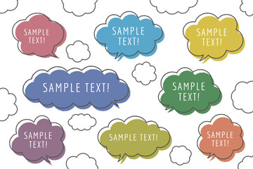 もくもくした雲の形をした吹き出しの線画、モクモクとしたフキダシのベクターイラスト、水彩画風イラスト