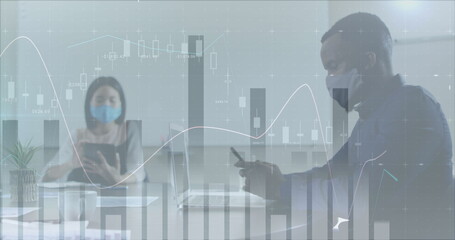 Image of financial data processing over diverse business people with face masks in office