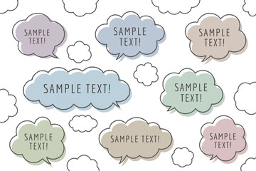 もくもくした雲の形をした吹き出しの線画、モクモクとしたフキダシのベクターイラスト、水彩画風イラスト