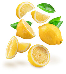 Ripe lemon fruits with leaf levitating in air on white background. File contains clipping paths.