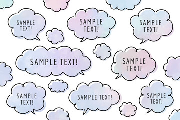 もくもくした雲の形をした吹き出しの線画、モクモクとしたフキダシのベクターイラスト、水彩画風イラスト