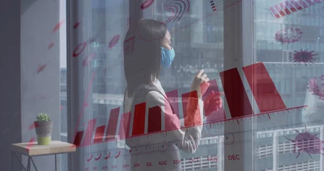 Rolgordijnen Aziatische plekken Image of financial data processing over asian businesswoman with face mask thinking in office