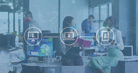 Image of financial data processing over diverse business people with face masks in office