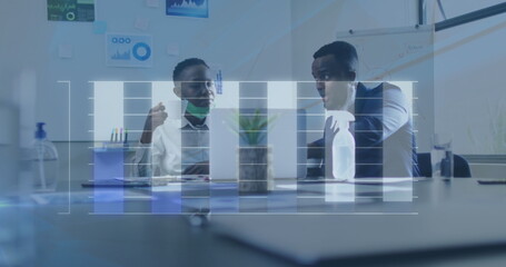 Image of financial data processing over diverse business people with face masks talking